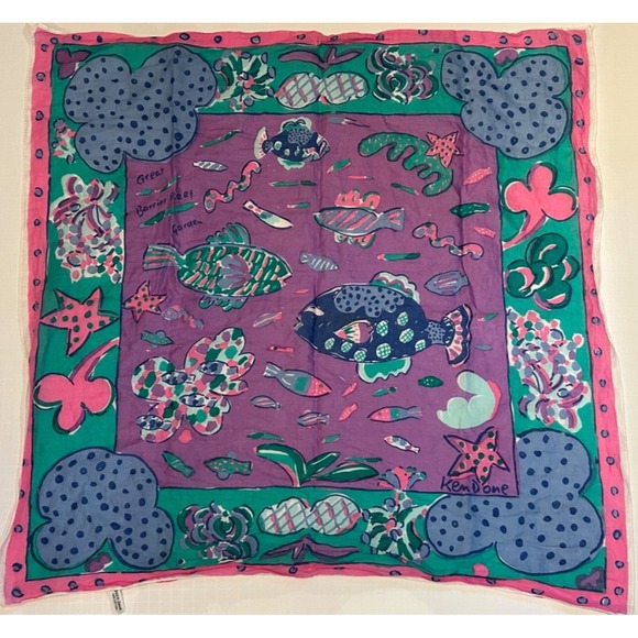 Ken Done Accessories - Vintage KEN DONE Fish Scarf Great Barrier Reef Ocean Scene Cotton‎ Made in JAPAN